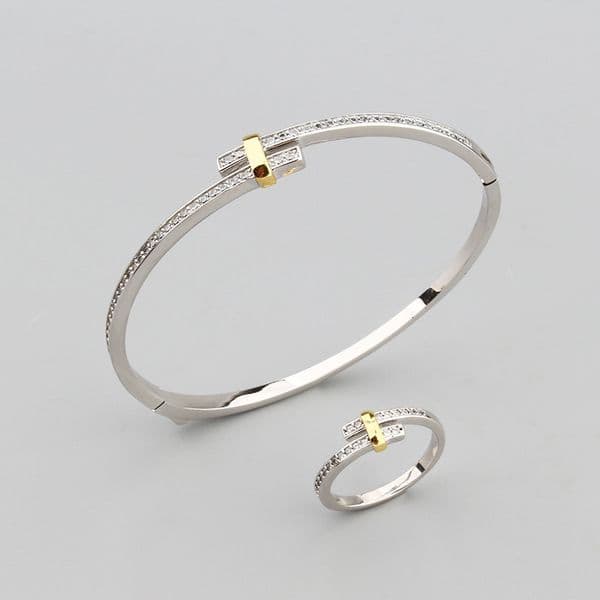 Bracelet Ring Elegant New Simple Eco-friendly Copper Bracelet Inlaid Zircon Bracelet Ring Set Two-tone Electroplated Jewelry