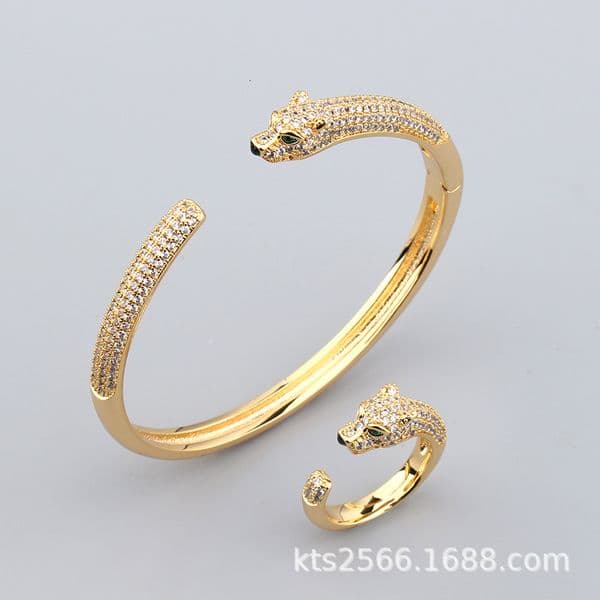 New Leopard Simple Micro Pave Zircon Green Eye Bracelet Ring Set Unisex Casual Personality Jewelry