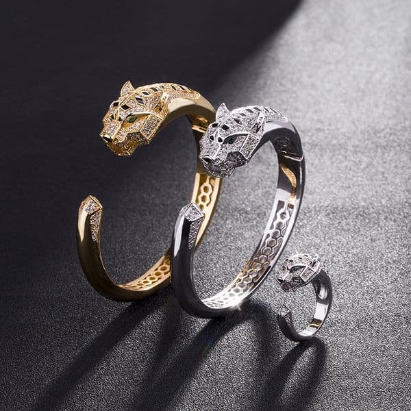 Cross-Border Copper Gold-Plated Diamond-Inlaid Mechanical Leopard Head Bracelet Women's Bracelet Animal Jewelry