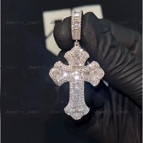 925 Sterling Silver Mens Christian Religious Cross Pendant with 3 Ct Natural Round Moissanite Baguette