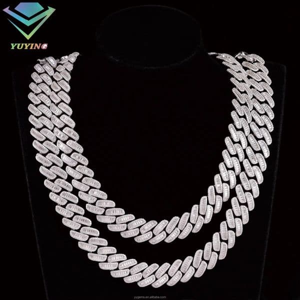 Ready to Ship 18mm Cuban Link Chain 925 Silver Middle Baguette Cut Iced Out Necklace Moissanite Cuban Chain