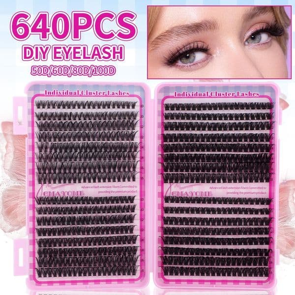 640Pcs DIY Cluster Lashes Kit Thick Fluffy Individual Eyelashes Soft Lightweight D Curled DIY Segmented Eyelash Extensions Accessory Grafted Lashes