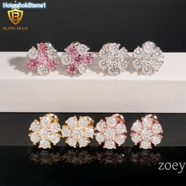 Hot Top Selling Fine Jewelry Women 925 Sterling Silver Vvs Moissanite Pink Diamond Stud Flower Earrings Handmade