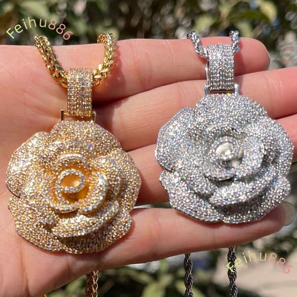 Gold Plated Rose Gemstone PendantNecklace for Women Fully Micro Charm Sweater Chain with Crown Hip-Hop for Parties and Weddings