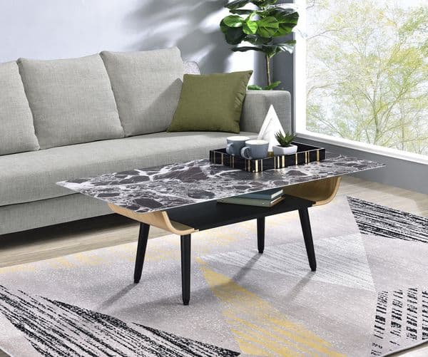 47"W Coffee Table with Glass Black Marble Texture Top and Bent Wood Design
