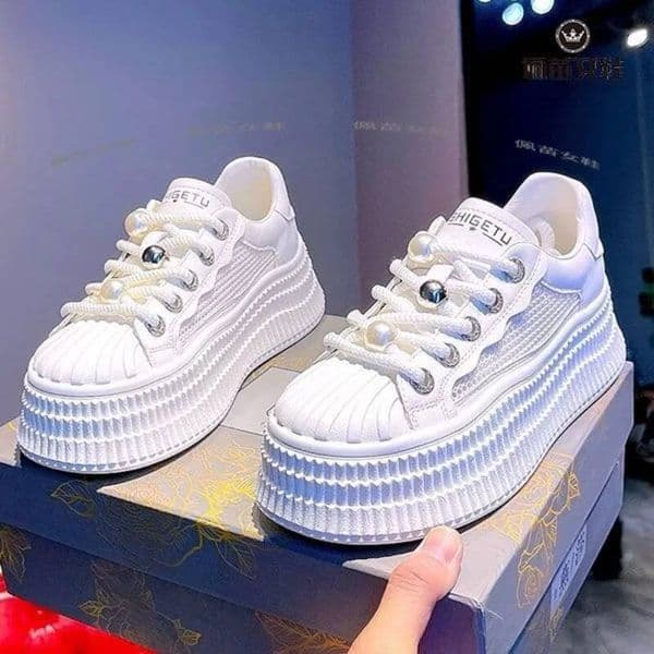 Ddmyoutdoor Fashion Shell Head Little White Women S Summer Popular Pearl Lace Up Platform Board Shoes Sweet Girl Sneakers Outdoor Shoes