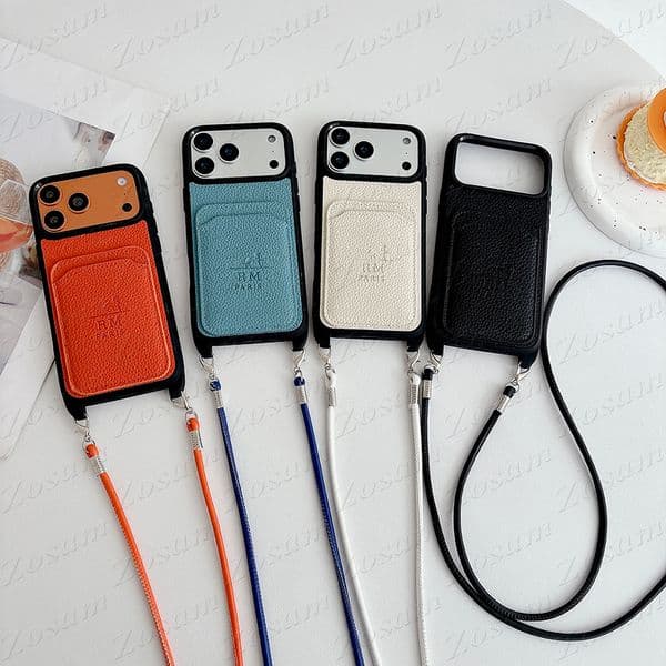 Luxury Emboss Carriage Hourse Phone Case for iPhone 17 Air 16 15 14 Plus 13 12 Pro Max Portable Shoulder Ultra Thin Leather Card Pocket Designer Cover with Clasp Strap