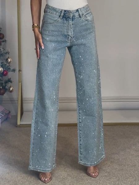 Jeans Women's full-rhinestone washed jeans, high-waisted straight-leg with a sophisticated look, trendy long pants for women