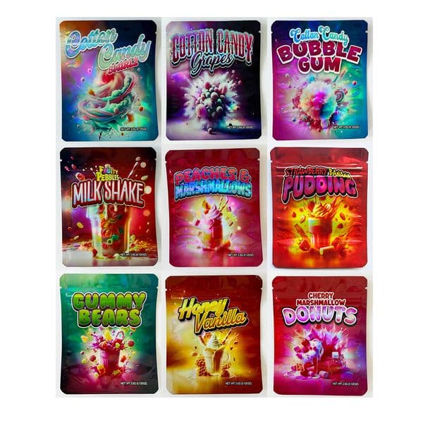 Newest Designs Holographic Mylar Bags 3.5g Smell Proof Pouch Soft Touch Empty Zip Lock 3.5 Plastic Package Pouches Storage Packaging case for Dry Herb Snack Candy Gift