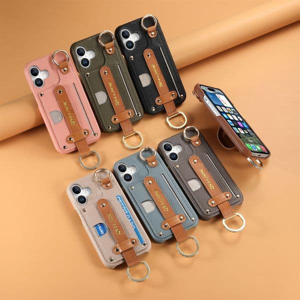 Leather Wallet Phone Case with Wrist Strap Ring Holder for iPhone Series Shockproof Card Slot Protective Cover