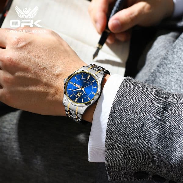 OPK brand watch stainless steel business dual calendar waterproof men's watch luxury gold color matching watch waterproof quartz designer night light watch