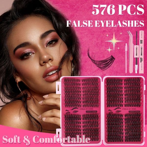 576Pcs DIY False Eyelashes Thick Fluffy DIY Cluster Lashes Kit with Lash Adhesive Brush Handmade Reusable D Curled Cluster Segmented Eyelash Extensions