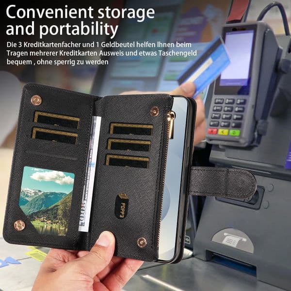 Leather Wallet Phone Case with Double Zipper & Snap Closure - Flip Cover Wallet for All Smartphone Models