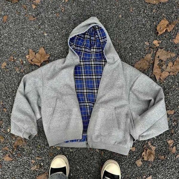 American Double-Sided Plaid Loose Zipper Hoodie Men Y2K New Harajuku Hip-Hop Gothic Couple Casual Joker Sweatshirt Strt Wear X251218