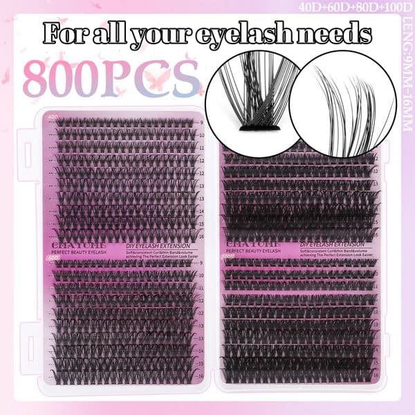 800Pcs DIY Cluster Lashes Kit Soft Lightweight Thick Fluffy DIY Segmented Eyelash Extensions Accessory Hand Made Reusable Naturally D Curled Individual Eyelashes