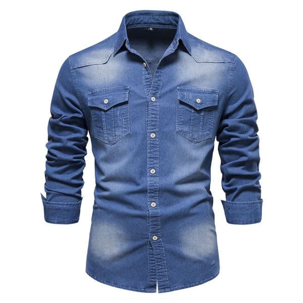 WOZK Men's autumn and winter European denim shirt, men's casual solid color denim long sleeved shirt, denim fabric inner top blue plus size