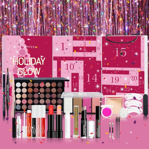 POPFEEL Holiday Glow Surprise Beauty Countdown Gift Set 24 Colors Eyeshadow Matte Lipgloss Lipstick Eyebrow Pencil Makeup Kit