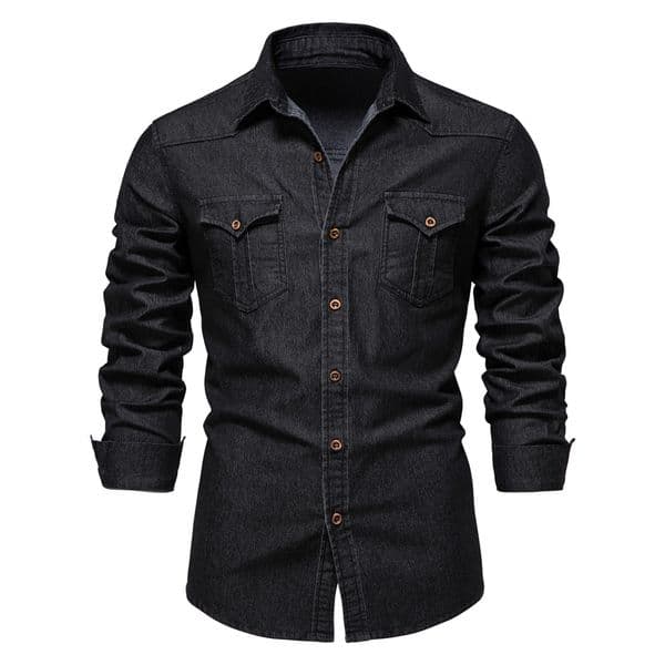 WOZK Men's autumn and winter European denim shirt, men's casual solid color denim long sleeved shirt, denim fabric inner top