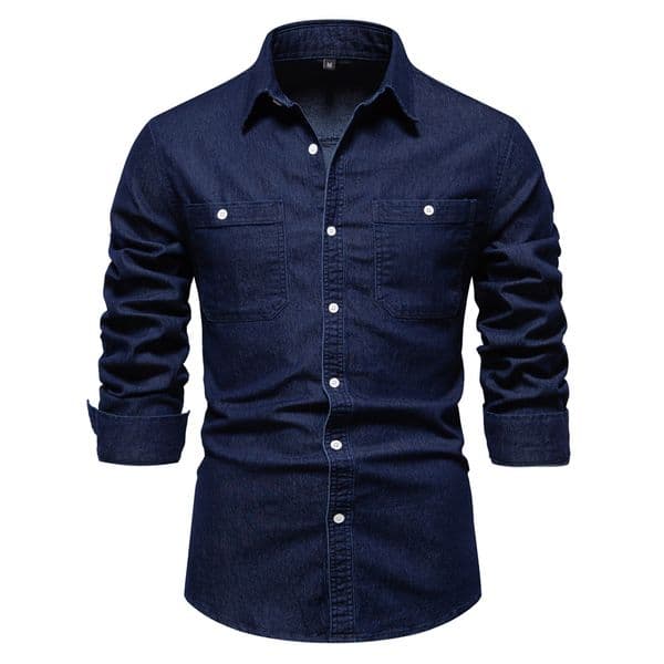 WOZK Men's autumn and winter European denim shirt, men's casual solid color denim long sleeved shirt, denim fabric inner top blue