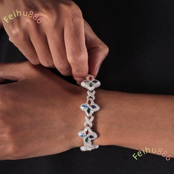 New Arrivals Pink White Colorful moissanite Clover Bracelet Necklace 925 silver Iced Out Flower vvs1 moissanite Diamond Cuban Chain for Rapper