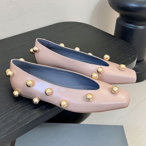 Luxury Womens New Metal Bead Square Toe Shoes Designer Leather Flat shoe Women Comfortable Ballet Shoes Leather Outsole Sizes 35 41