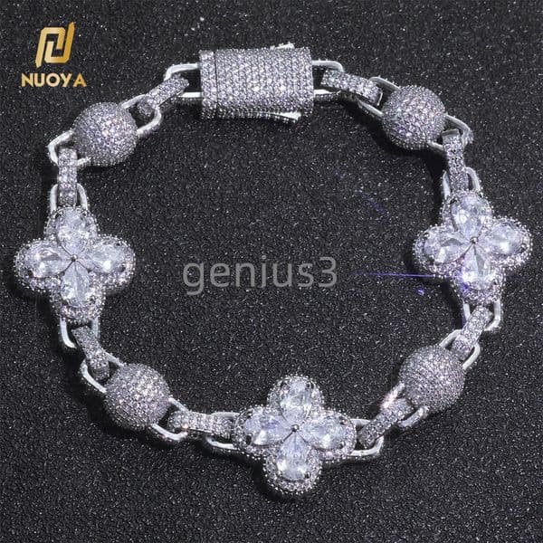 Iced Out Four Leaf Clover Spherical Cuban Link Chain Bracelet Gold Silver Plated Diamond moissanite Hip Hop Jewelry