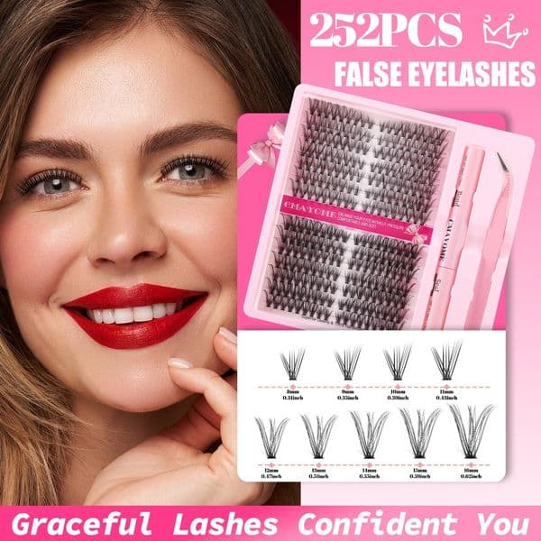 DIY Individual Lashes 252 Clusters DIY Lashes Kit with Lash Bond & Seal Thick Fluffy Cluster Segmented Eyelashes Soft Lightweight