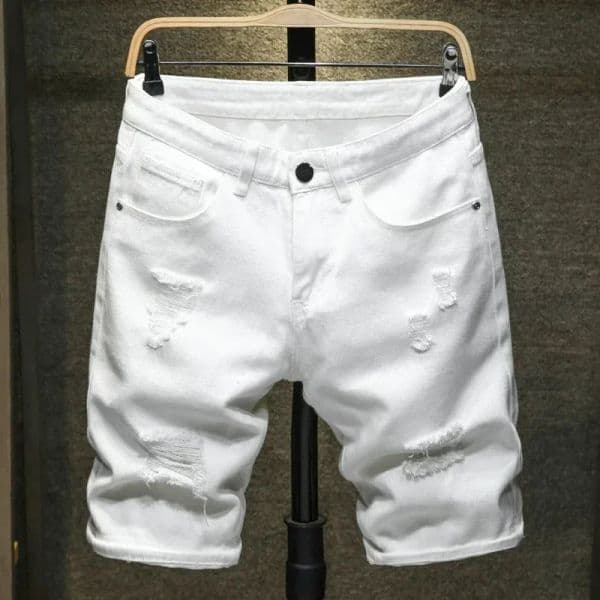 Streetwear Ripped White Denim Shorts Men New Fashion Knee Length Jeans Simple Casual Slim Hole Short Pants