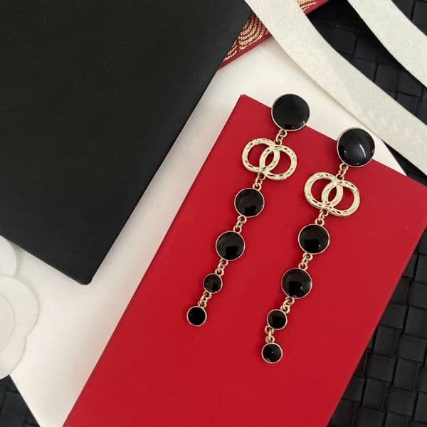 Golden-Tone Black Onyx Signature Long Drop Earrings: Sleek Modern Luxury for Evening Edgy Looks, Bold Gift for Her