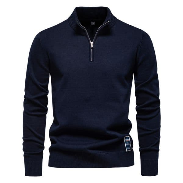 WOZK2026 new solid color pure cotton sweater men's stand up collar half zipper slim fit men's knitted sweater top