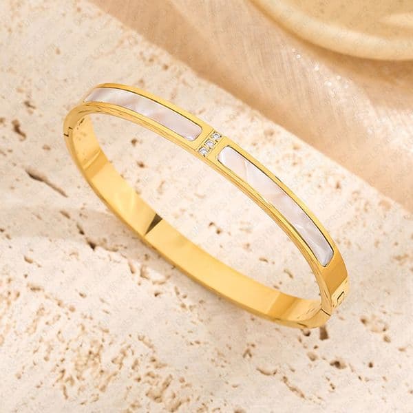 Designer Bracelet for Women Stainless Steel 18K Gold Plated Bangle Double Sided Round Shell Bangles Jewlery Designer for Women Elegant Timeless Gift