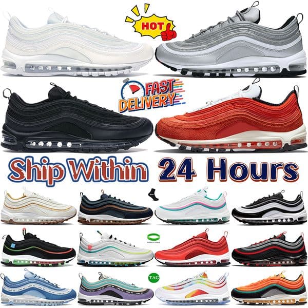 With Box 97 97s running shoes mens sports sneakers triple white black Purple Bullet First Use Blood Orange Have a Day Space Purple Cork womens outdoor trainers EUR 36-45