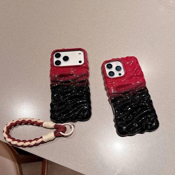 Minimalist Black Red Splice Cream Wrinkled Pattern With Lanyard Shock Proof Phone Cover Case for iPhone 17 16 15 14 Pro Max