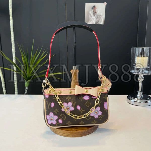 NEW Trendy Classic Multicolor Cherry Blossom Print Underarm Bag Mahjong Shoulder Crossbody Bag With Bow Details, Suitable For Daily Use, Parties,Dating, Travel