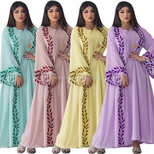 Muslim Abayas Chiffon Embroidered For Women Red Flowers Luxury Hijab Caftan V-neck Robe Evening Party Wear Hijab Long Clothing