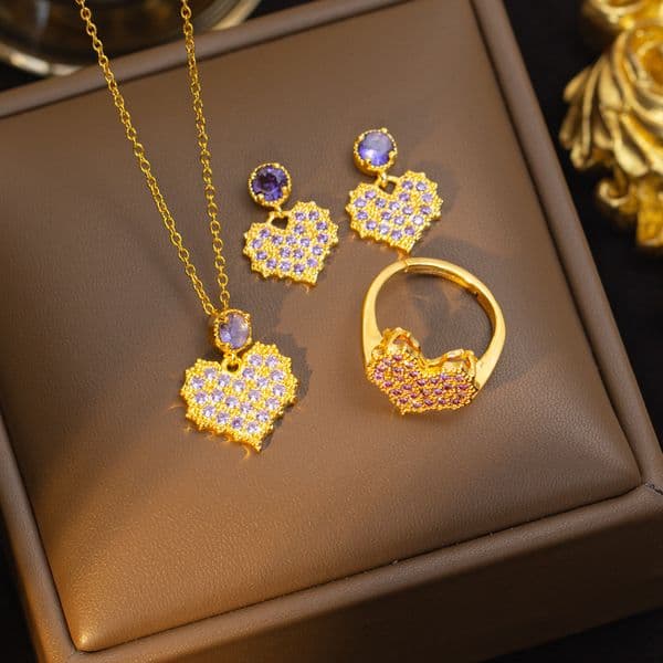 Titanium Steel Necklace Earrings Ring Set Elegant Ladies Sweet And Dreamy Purple Heart Pendant Earrings High End And Elegant Accessories
