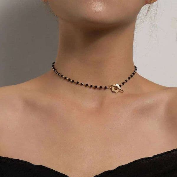 2024 New Fashion Luxury Black Crystal Glass Bead Chain Choker For Women Flower Lariat Lock Collar Necklace Gifts
