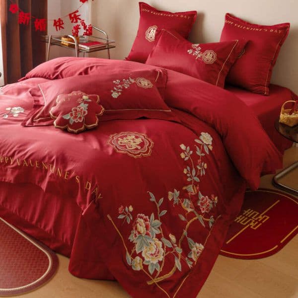 Chinese Style Floral Embroidery Elegant 120s Long Staple Pure Cotton Red Wedding Four-Piece Set Bedding 1.8