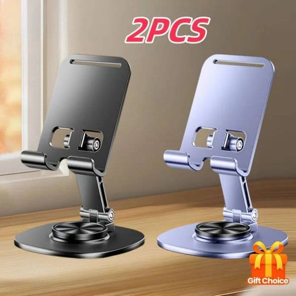 2Pcs Folding All-Metal Phone & Tablet Stand, 360-Degree Rotating Base With, Features Soothing Mechanical Sound