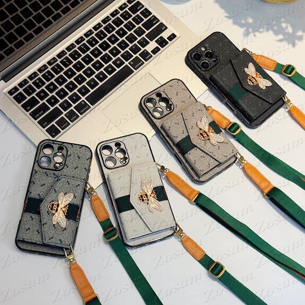 Classic 3D Bee Designer Phone Case for iPhone 17 Air 16 15 14 Plus 13 12 11 Pro Max Envelope Card Storage Pocket Purse Luxury Letter Anti-knock Cover 16pro 15pro with Strap
