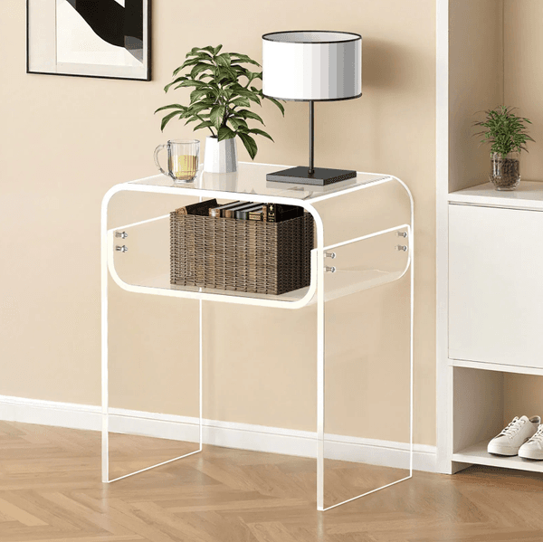 Acrylic Side Table 2 Tiers Clear Bedside Table with Storage Shelf Modern Rectangle Acrylic End Desk Transparent Thick Nightstand for Bedroom Living Room Study