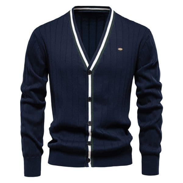 WOZK autumn and winter new cardigan men's V-neck long sleeved sweater trendy style contrasting border men's knitted jacket