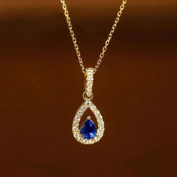 Huitan Gold Color Waterdrop Pendant with Blue Cubic Zirconia Necklace for Women Temperament Accessories Wedding Trendy Jewelry