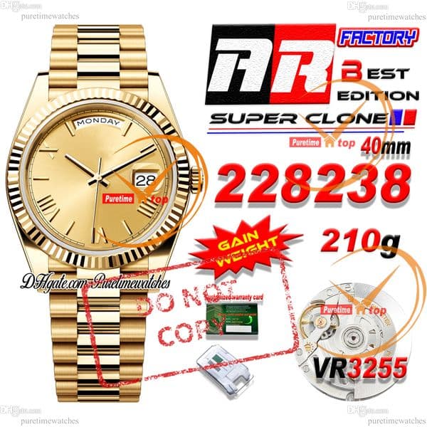 228238 Daydate VR3255 Automatic Mens Watch ARF V4 40 Yellow Gold Champagne Dial 904L Steel President Bracelet Cu-W Metal (Gain Weight) 210g With Card Puretimewatches