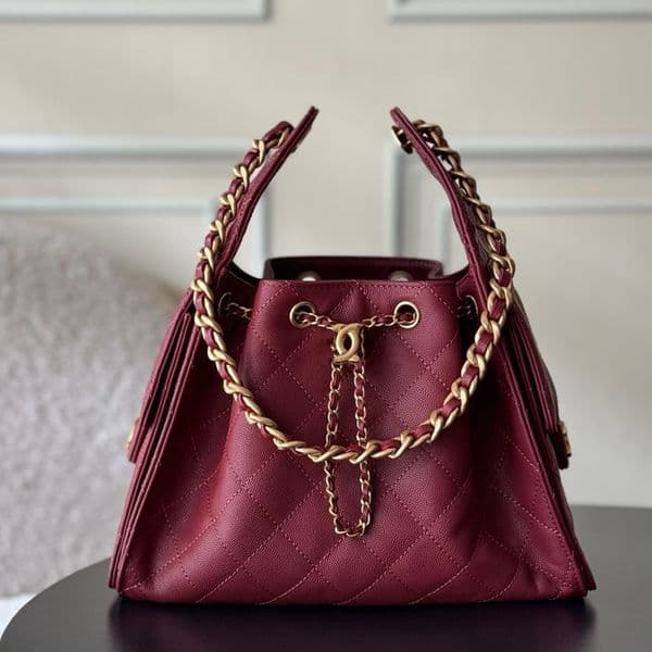 Mirror Quality Designer Tetos Bag Luxury Designer CC 26 Bag Women's Shoulder Cross Bag Leather Handheld Shopping Bag AS5293 Burgundy Quilted Drawstring Bucket Bag