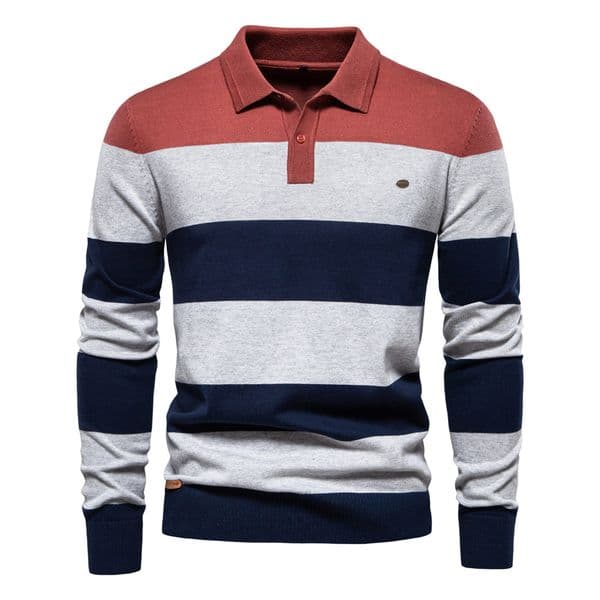 WOZK autumn new men's long sleeved POLO collar sweater slim fit lapel striped patchwork men's knitted sweater designer