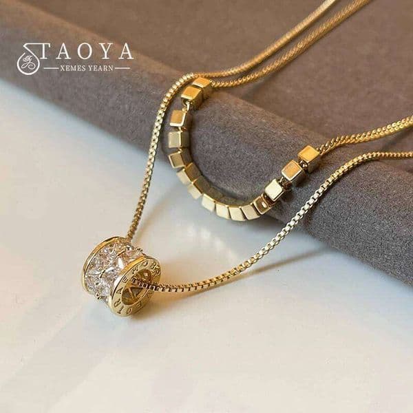 New Stainless Steel Double layered Gold Color Chain Necklace Luxury Zircon Pendant Neckchain For Women's Jewelry Accessories