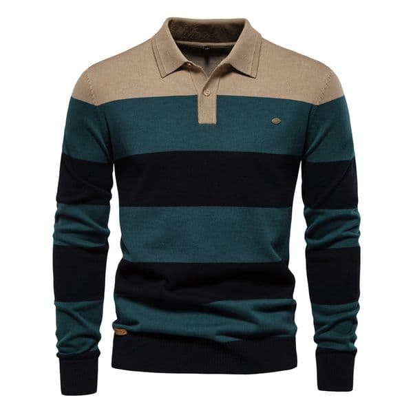 WOZK autumn new men's long sleeved POLO collar sweater slim fit lapel striped patchwork men's knitted sweater designer work