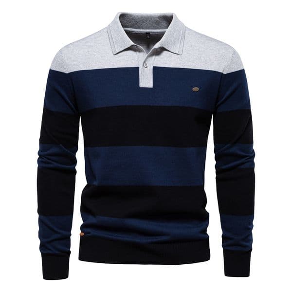 WOZK autumn new men's long sleeved POLO collar sweater slim fit lapel striped patchwork men's knitted sweater designer warm