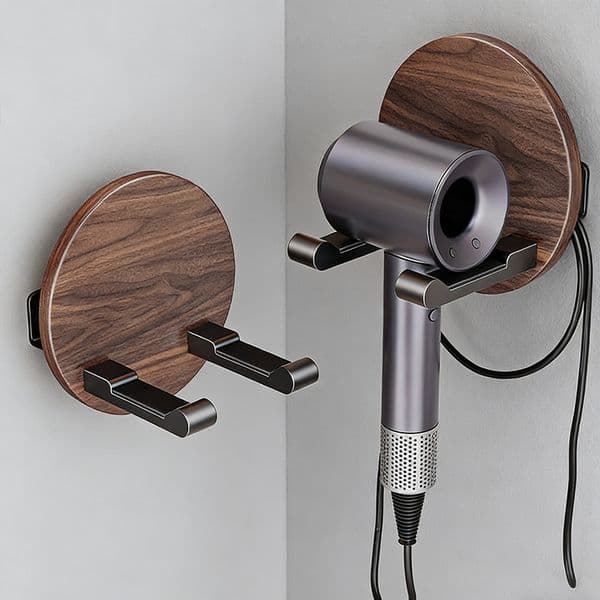 Walnut Wood Hair Dryer Holder & Storage Rack Bathroom Vanity Shelf No-Drill Toilet Paper Holder